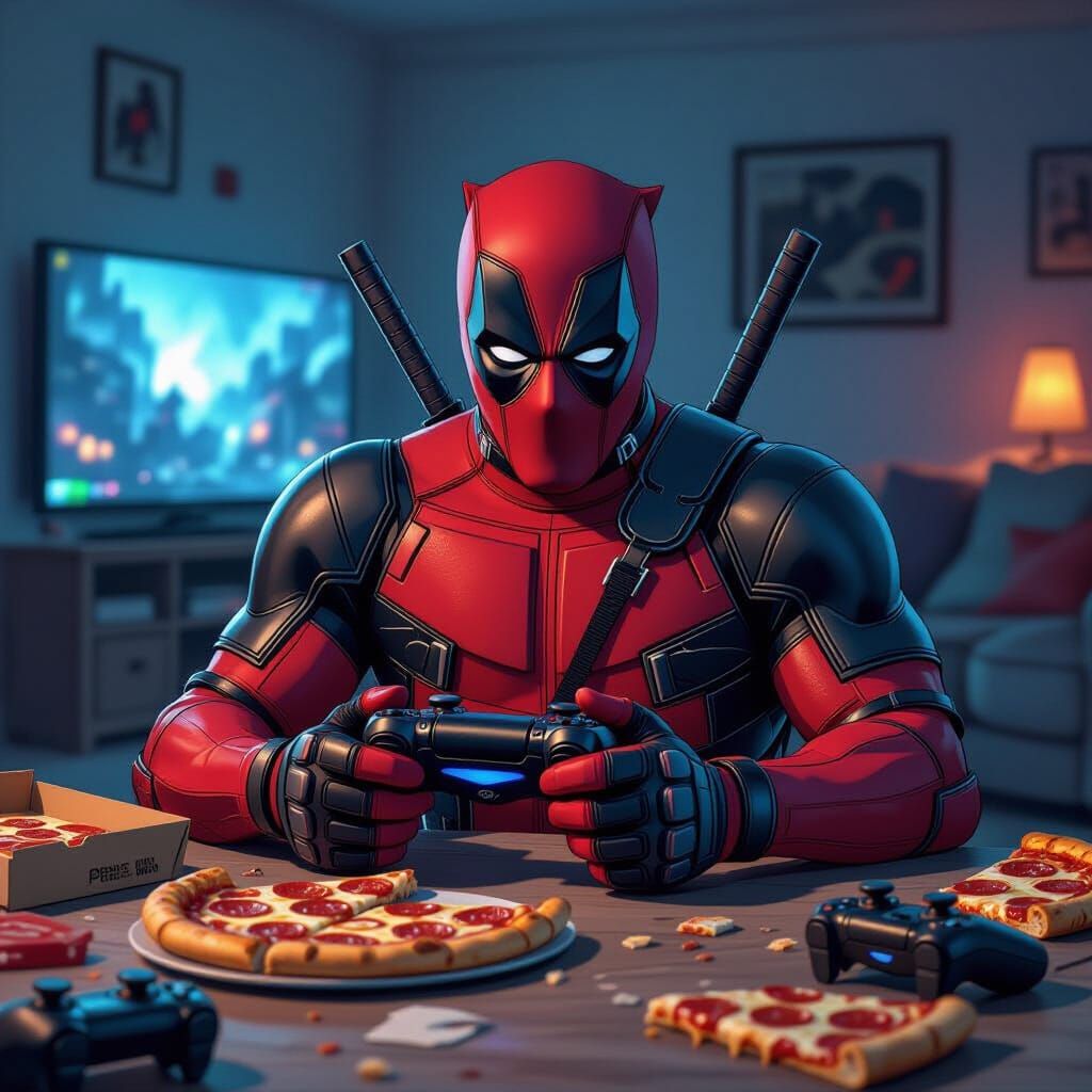 Deadpool Gaming with Pizza in Comic Art Style