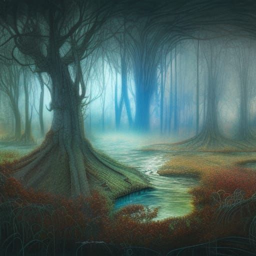 Stained Glass Mangrove Swamp: Digital Landscape Art