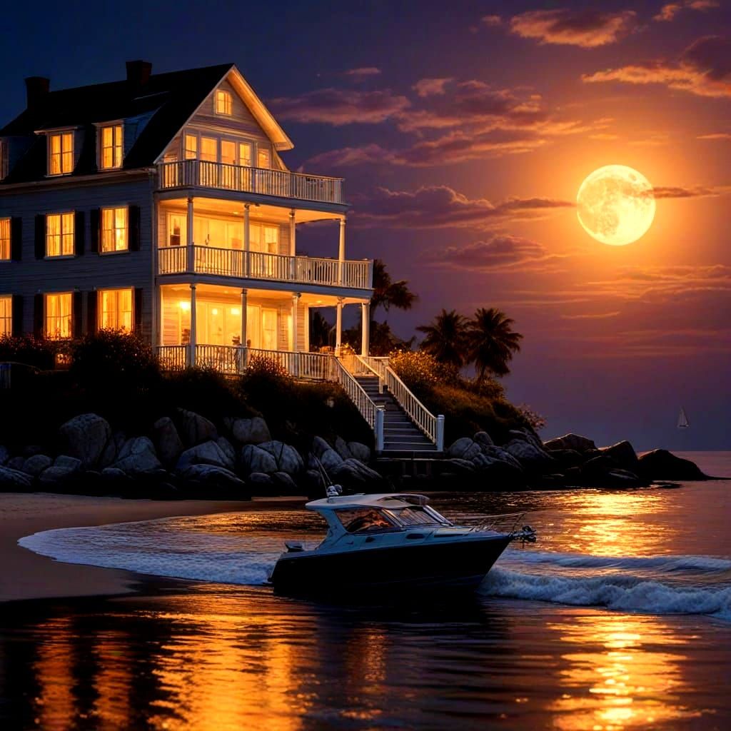 Seaside Beach House Under a Magical Moonlit Sky