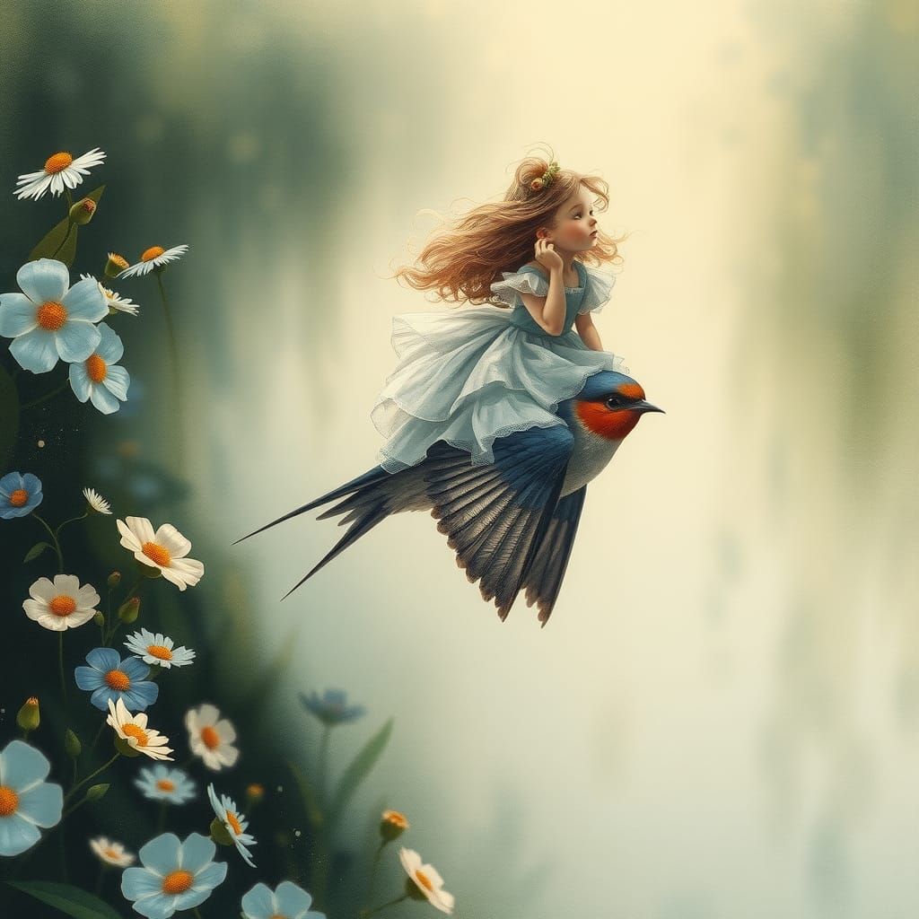 Thumbelina on a Swallow in Impressionistic Landscape