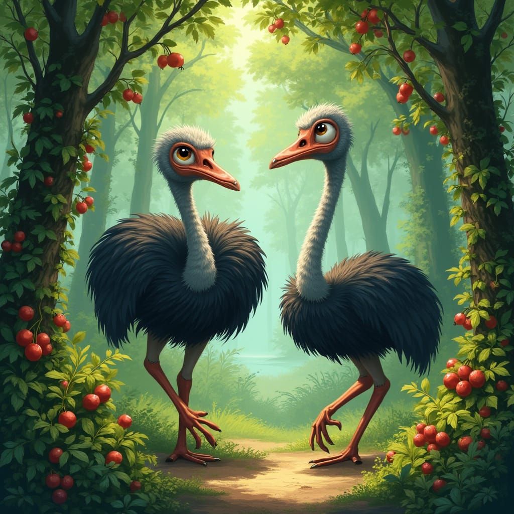 Fantastical Forest Beasts Roam Amidst Vibrant Vines and Berr...