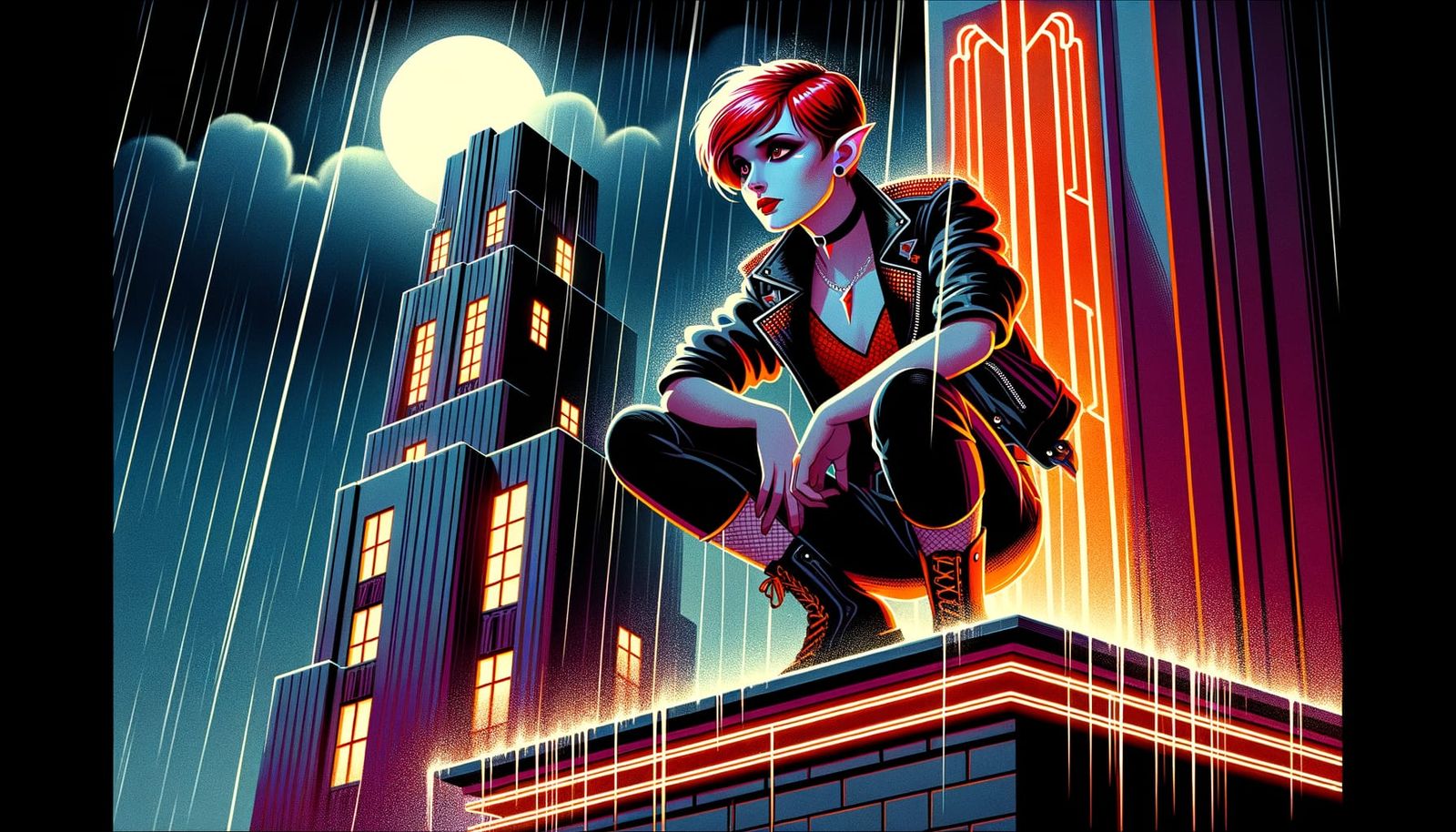 1980s Vampire on Art Deco Building in Synthwave Style