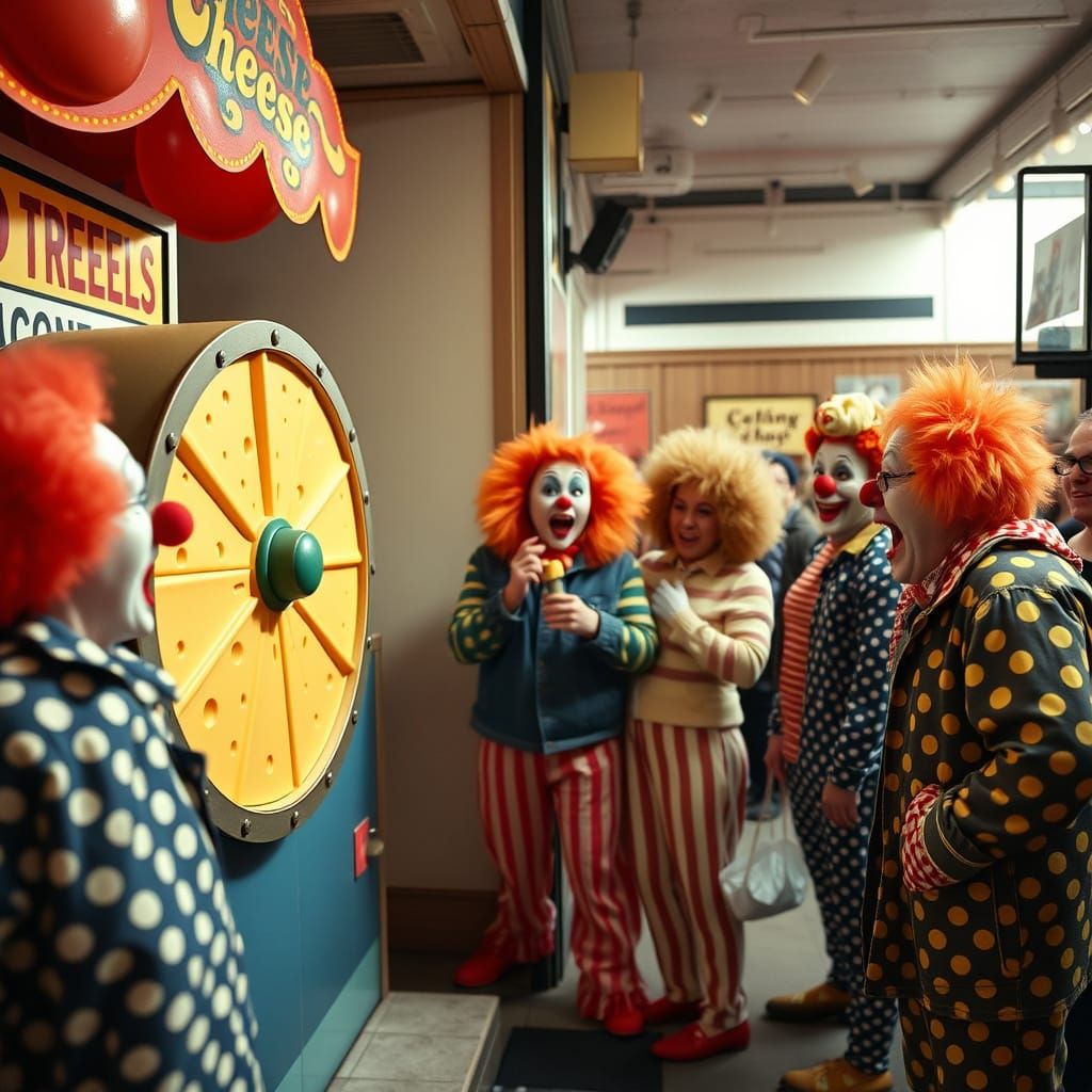 Surreal Clowns in Line to Yell at a Wheel of Cheese