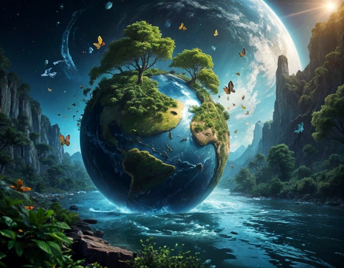 Earth and Galaxy River in Surreal Digital Art