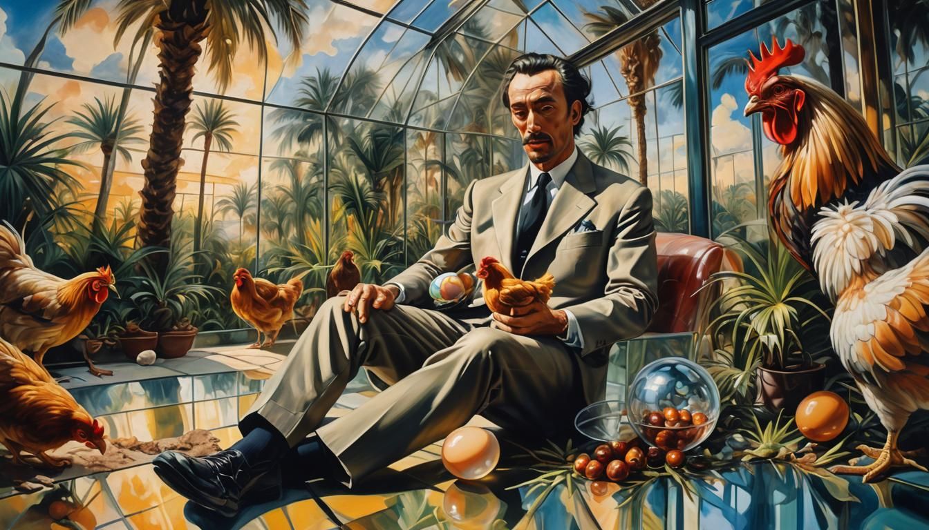 Surreal Glass House with Chicken Egg in Oil Painting