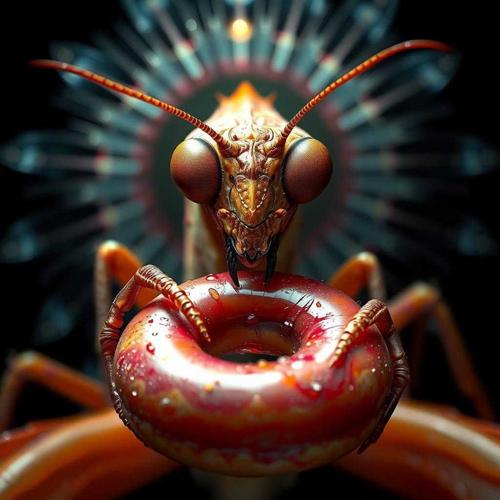 Praying Mantis with Donut: Hyper-Detailed Digital Art