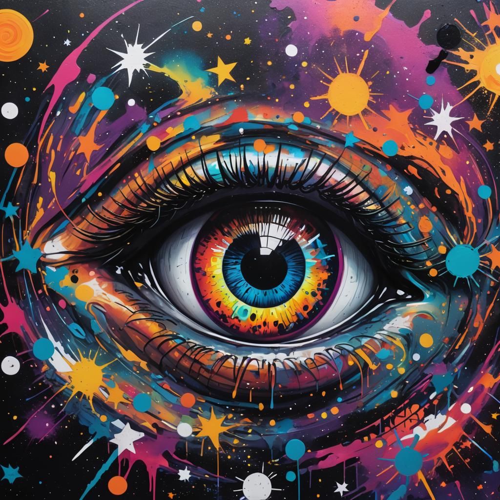 Galactic Eye: Vibrant Street Art in Abstract Expressionism