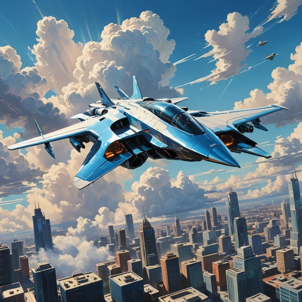 Futuristic Jet Soaring Over Cityscape in Sci-Fi Style