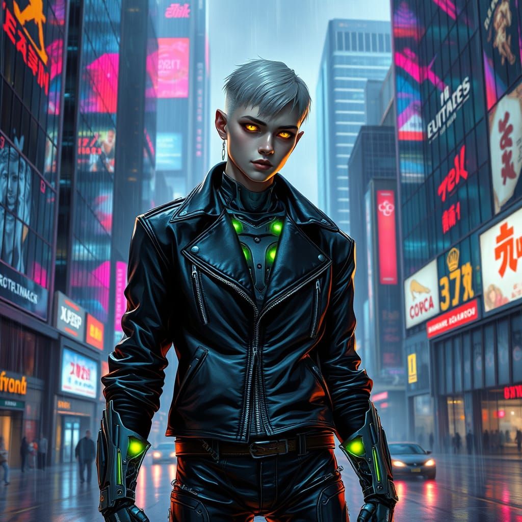 Cyberpunk Cyborg in Neon Metropolis