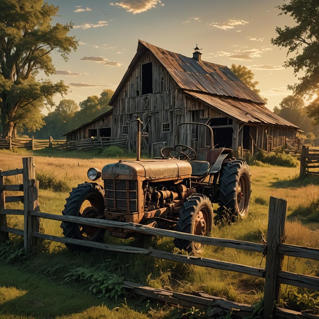 Weathered Barn and Tractor in Golden Hour Light