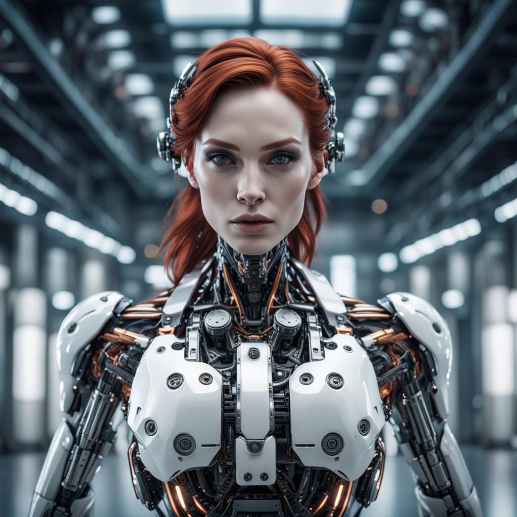 Beautiful Auburn-Haired Cyborg in Cyberpunk Dystopia