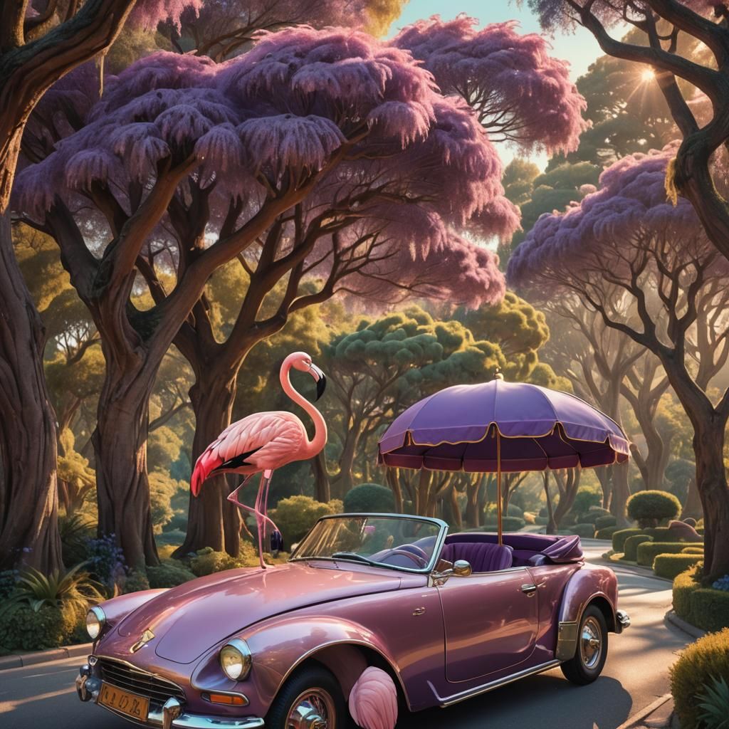 Purple Flamingo in French Cabriolet, Art Nouveau Style