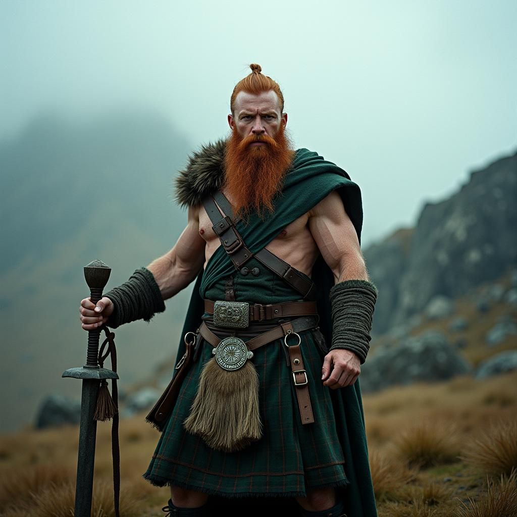 Fierce Highlander Warrior in Misty Highland Landscape