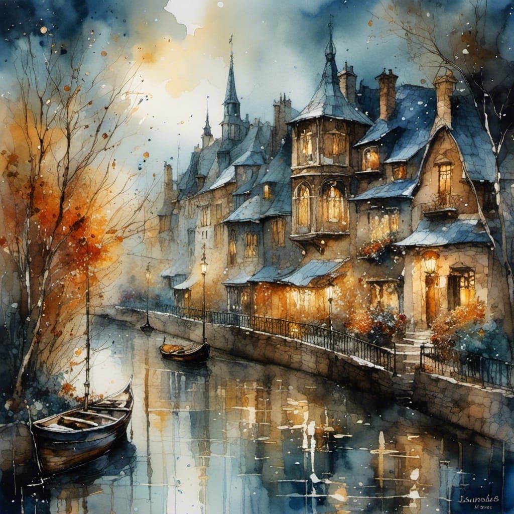 Abstract Watercolor Composition with Golden Outlines