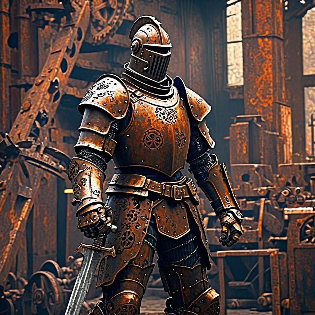 steampunk knight in rusted armor, gears, dented metal, dynamic pose, dutch angle, no weapon, a masterpiece