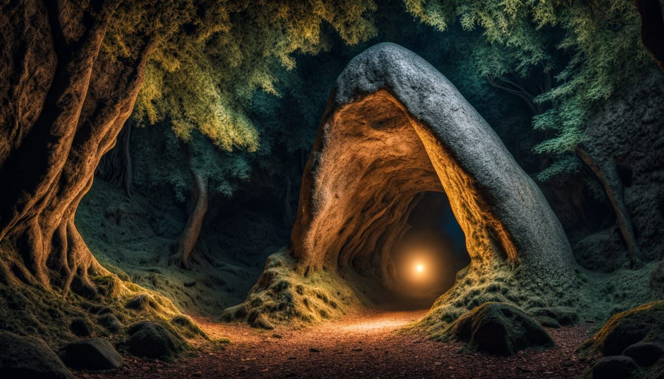 Hyperrealistic Cave Entrance in Moody Night Forest