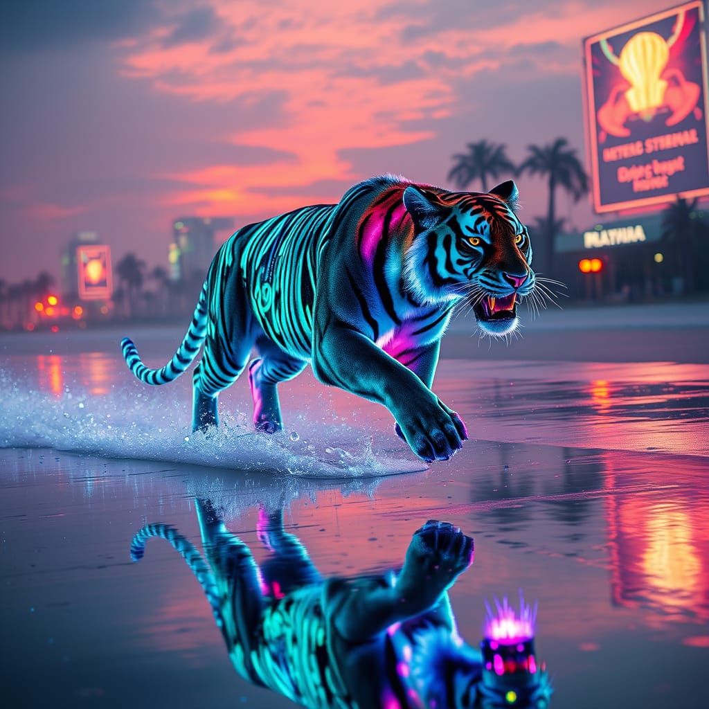 Cyber Tiger Runs Across Futuristic Beach at Sunset