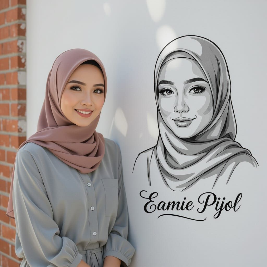 Malay Woman in Hijab Posing by Brick Wall