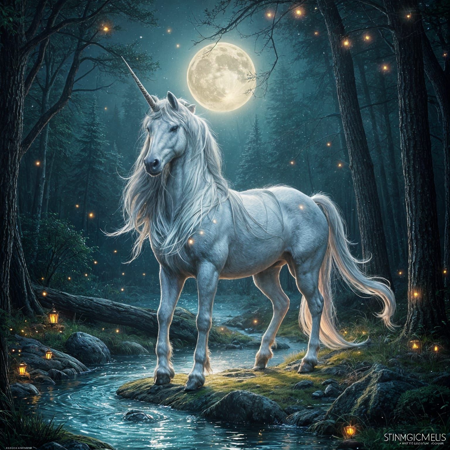 Silver Unicorn in Moonlit Forest, Fantasy Art
