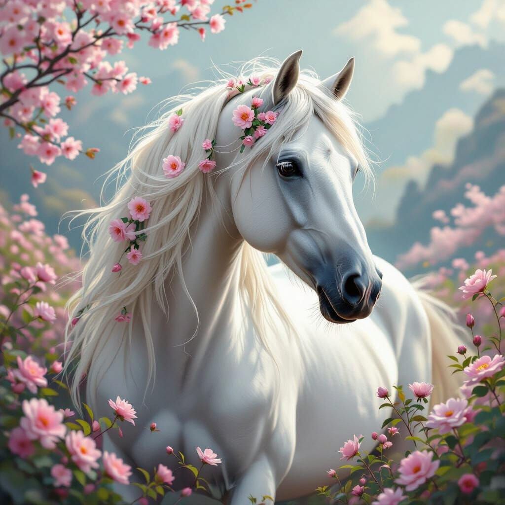 Horse with Floral Mane in Dreamy Landscape