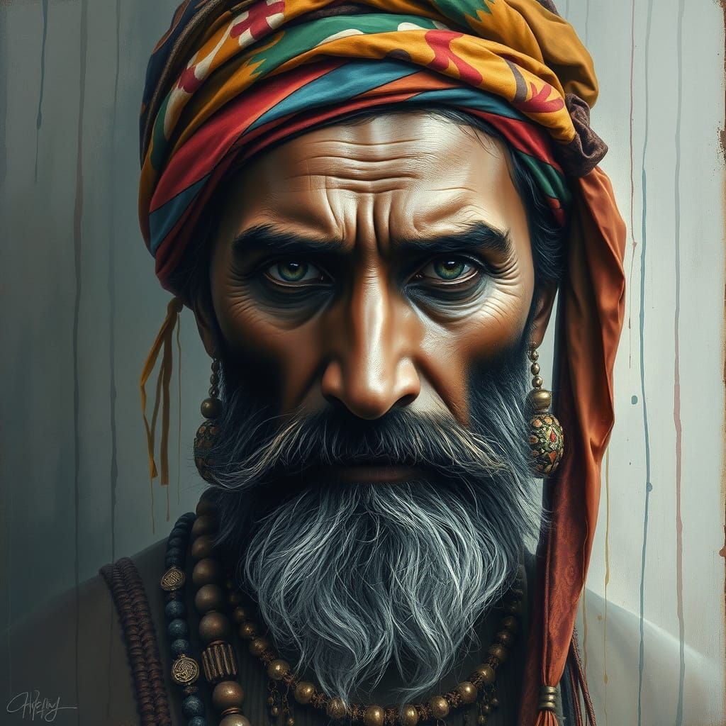 Melancholic Taino Man Portrait in Mixed Media Style