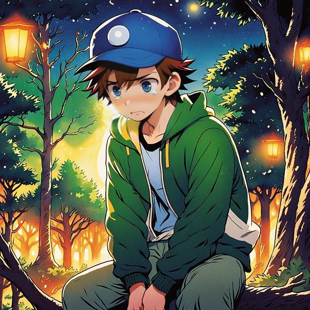 Lonely Pokémon Trainer Crying at Night: Anime Style