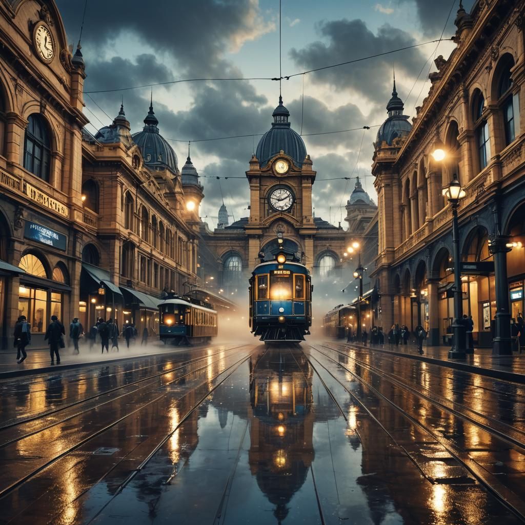 Steampunk Flinders Station Reflection in Flooded Cityscape