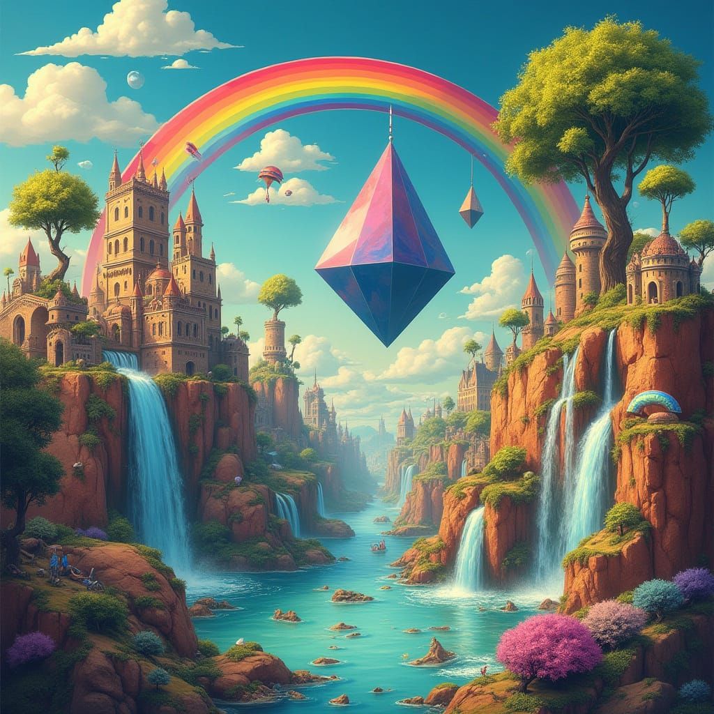Surreal Dreamscape with Floating Prism in Vibrant Colors