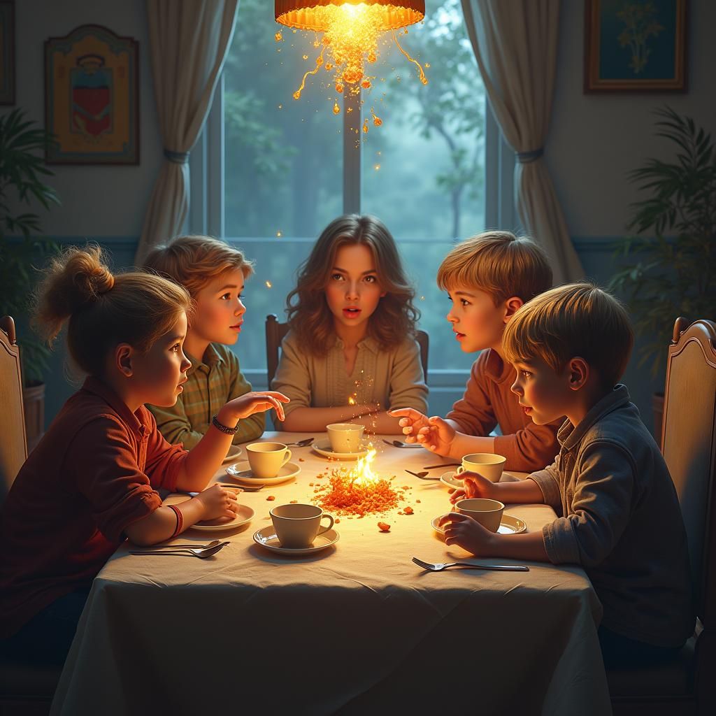 Siblings' Dinner Argument: Detailed Fantasy Art