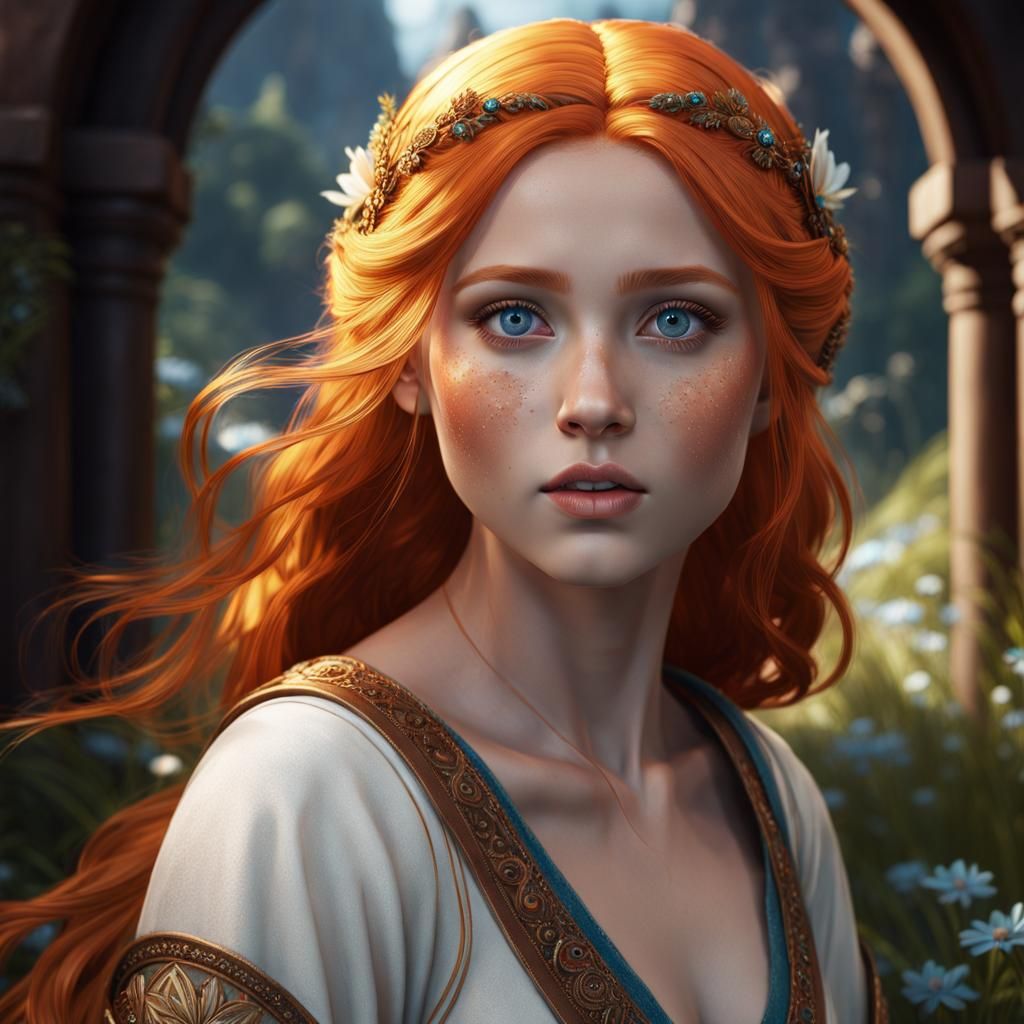 Freckled Girl with Orange Hair, Detailed Digital Art