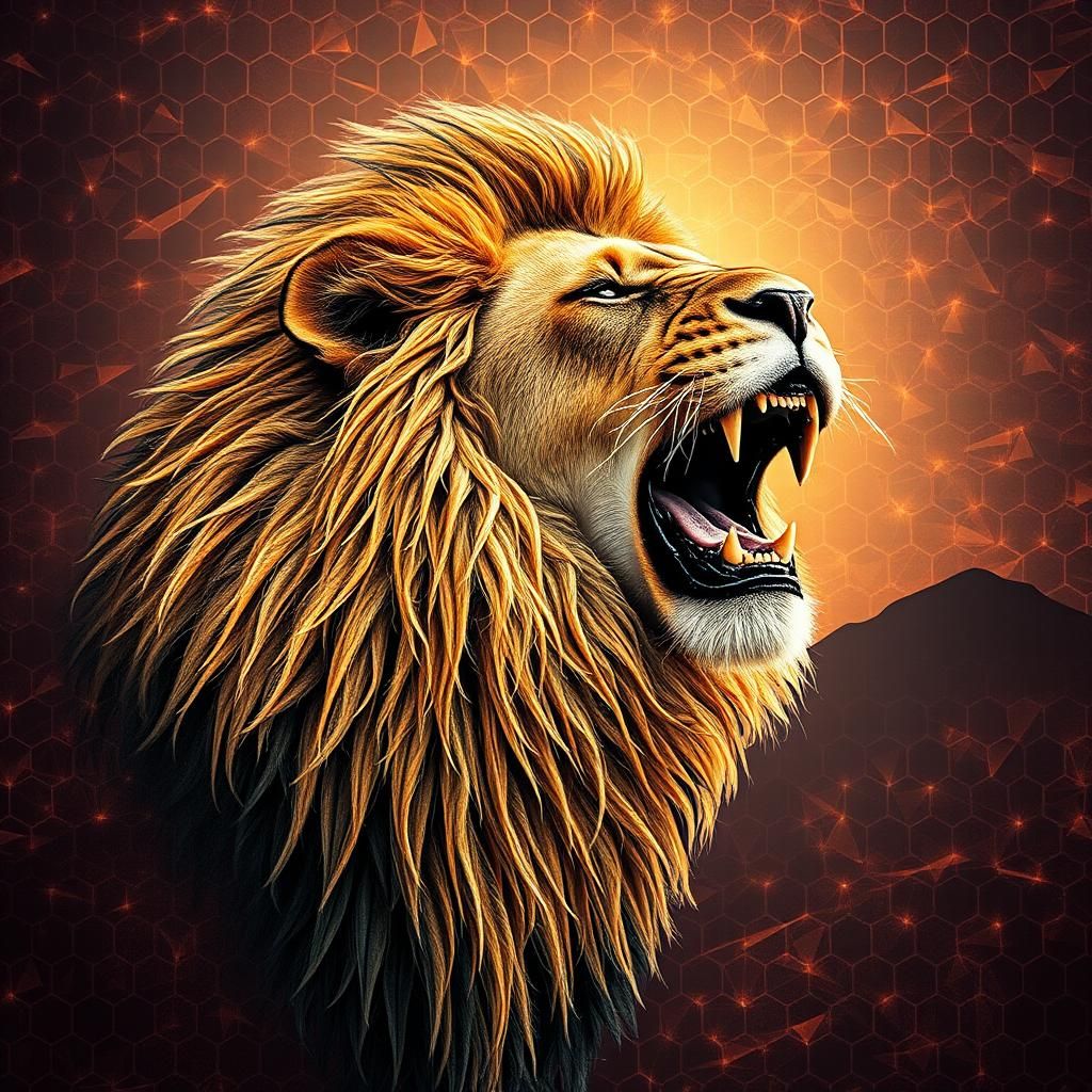 Roaring Lion with Honeycomb Diamonds in Digital Art Style