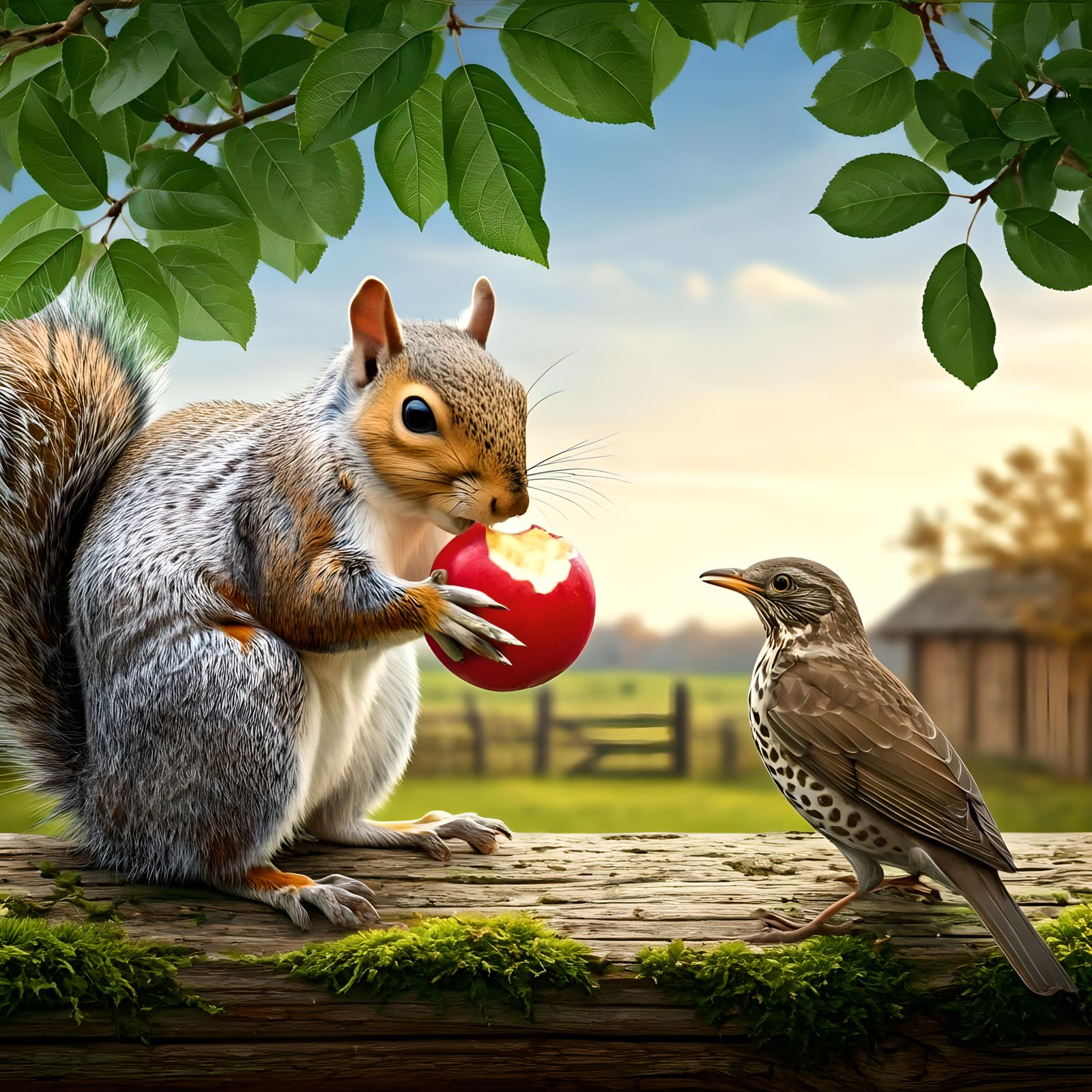 Squirrel and Bird Share Apple in Golden Light