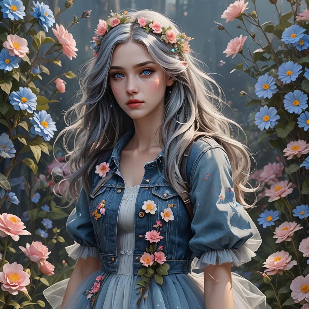 Young Woman in Blue Dress with Flowers