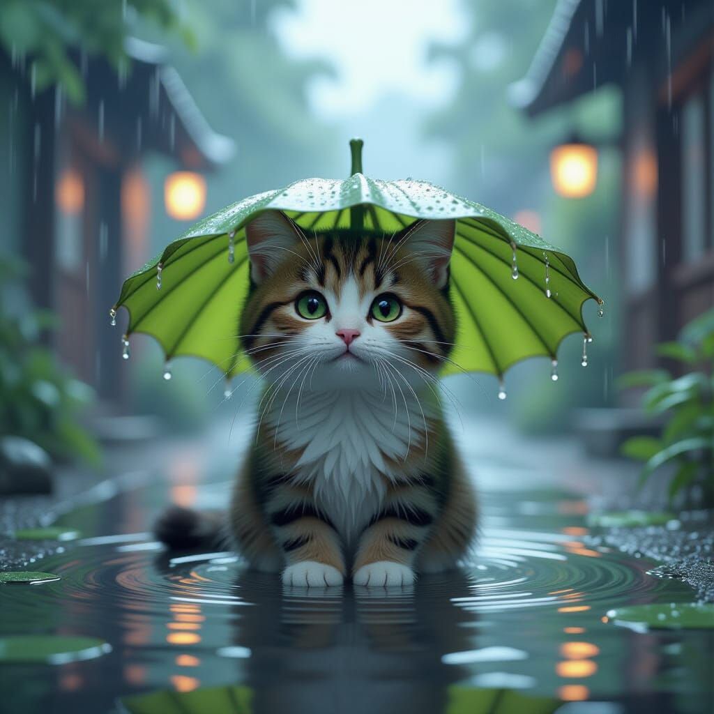 Fluffy Cat in Rain Under Lotus Hat