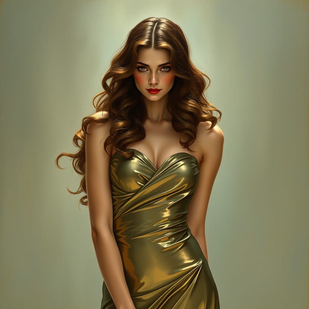 Ethereal Woman in Art Nouveau Metallic Gown