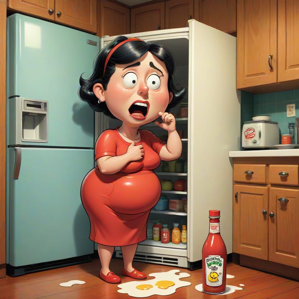 Classic Cartoon Woman Struggles with Bare Fridge