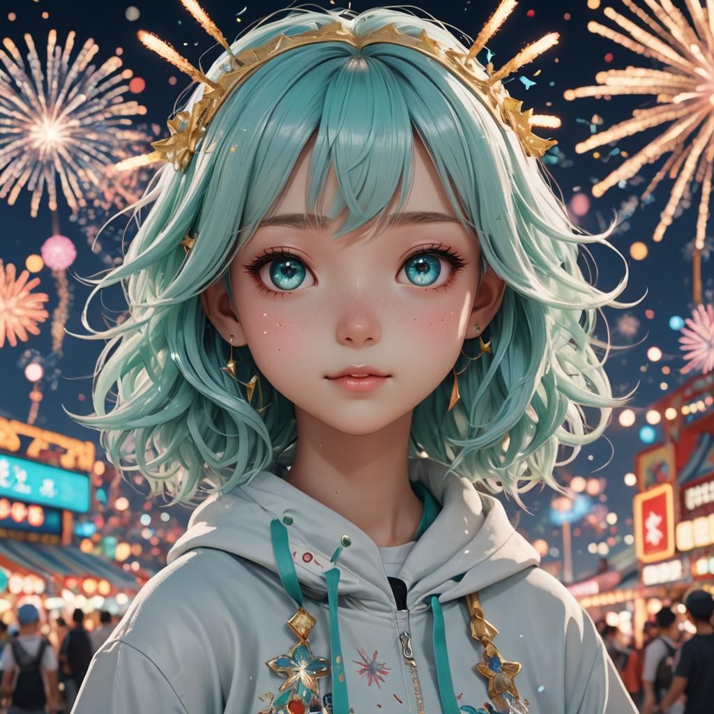 Anime Girl with Seafoam Hair at Carnival