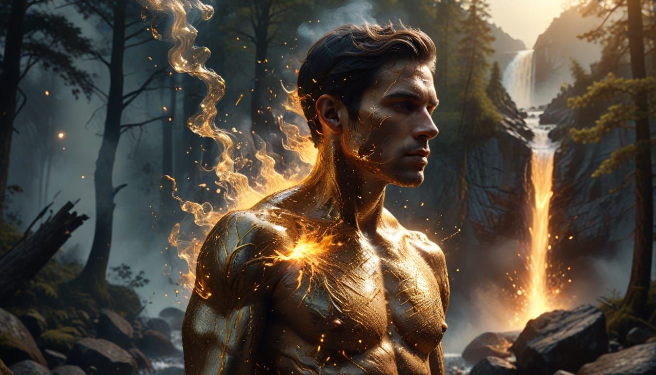 Fiery Man Enclosing Forest in Double Exposure