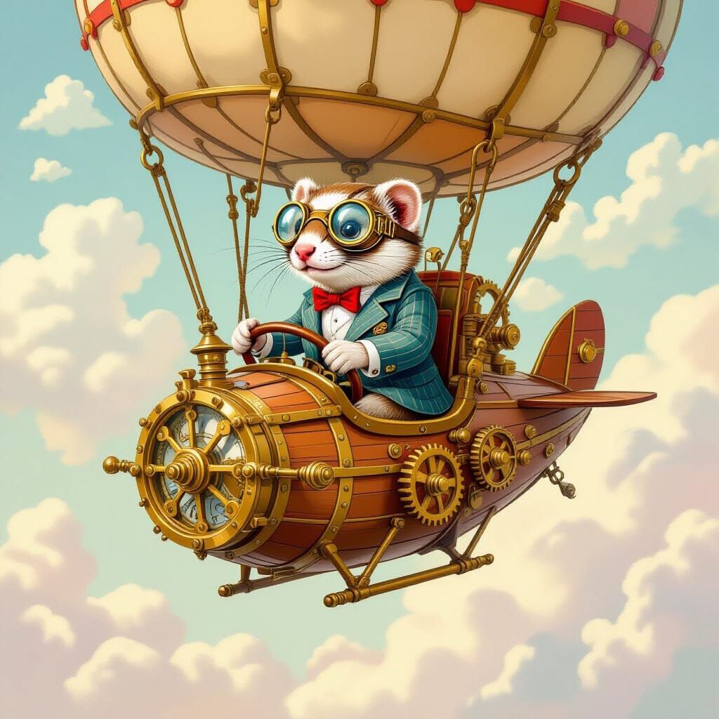 Steampunk Ferret Airship Adventure in Pastel Illustration