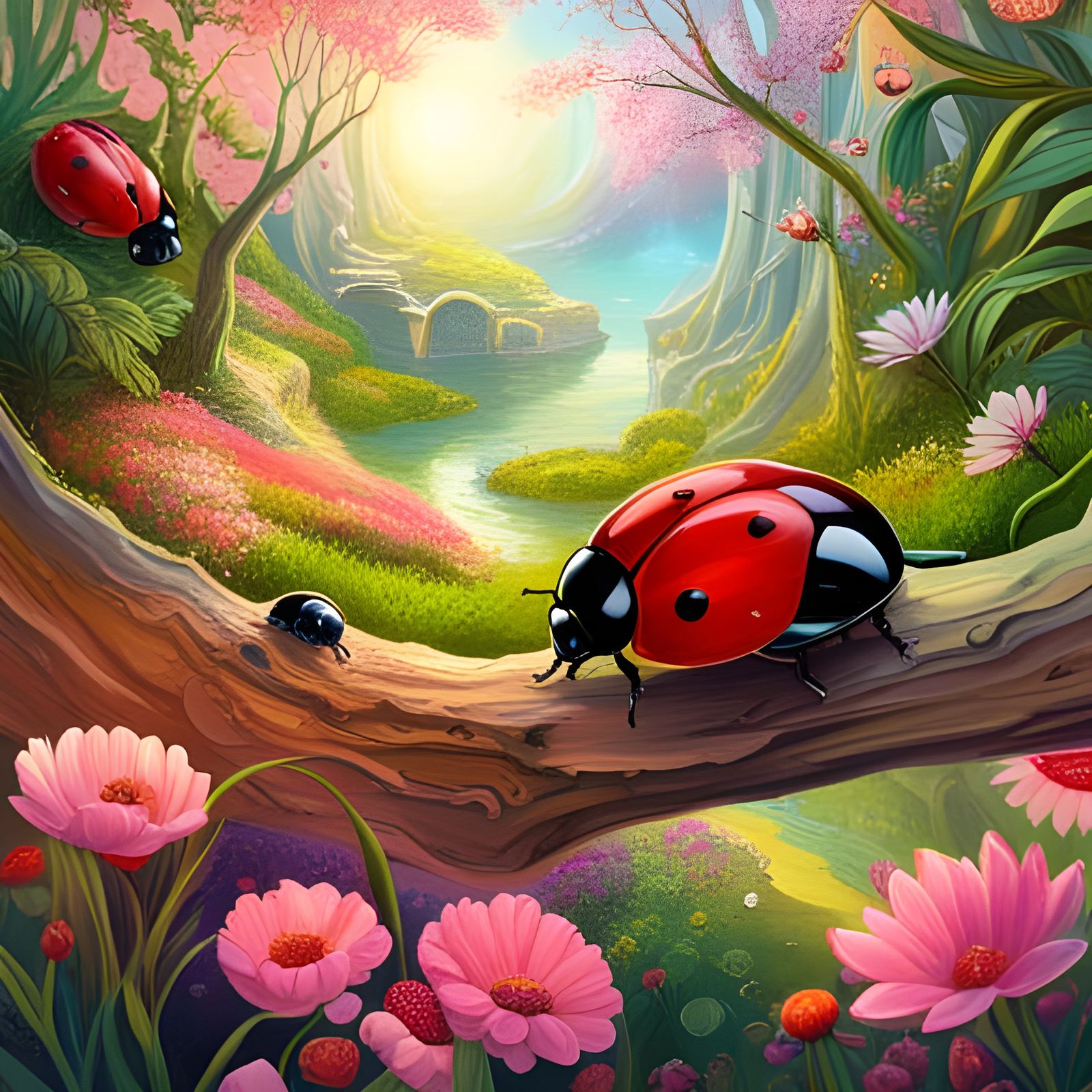 Colorful Ladybugs in Fantasy Garden: Hyperdetailed Splash Ar...
