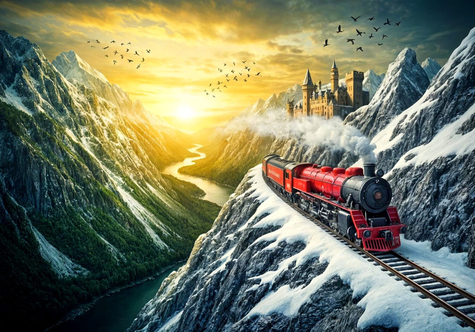 Vivid Snowy Mountain Train Journey at Golden Sunset