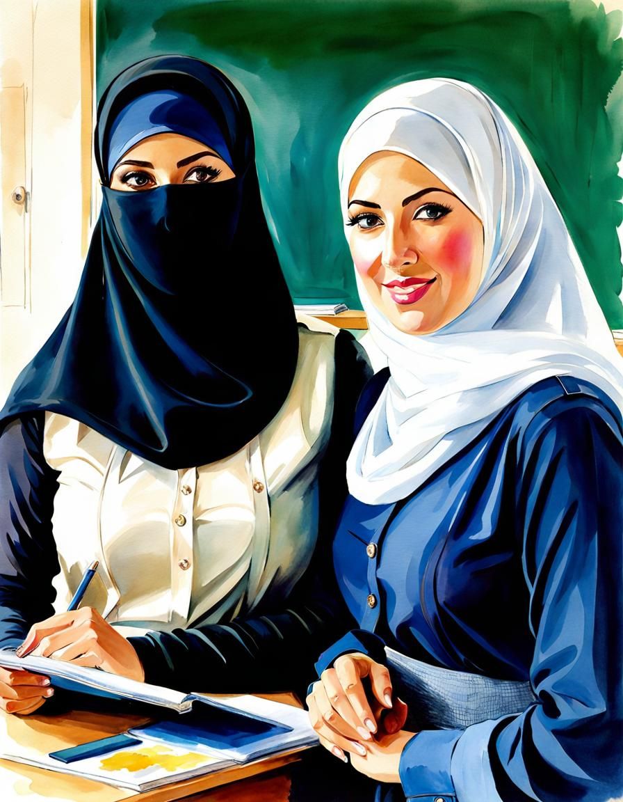 Two Niqabi Teachers Portrait in Watercolor Style