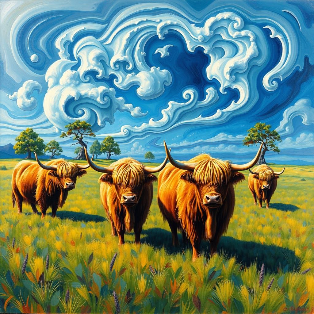 Surrealist Highland Cows in Vibrant Dreamscapes