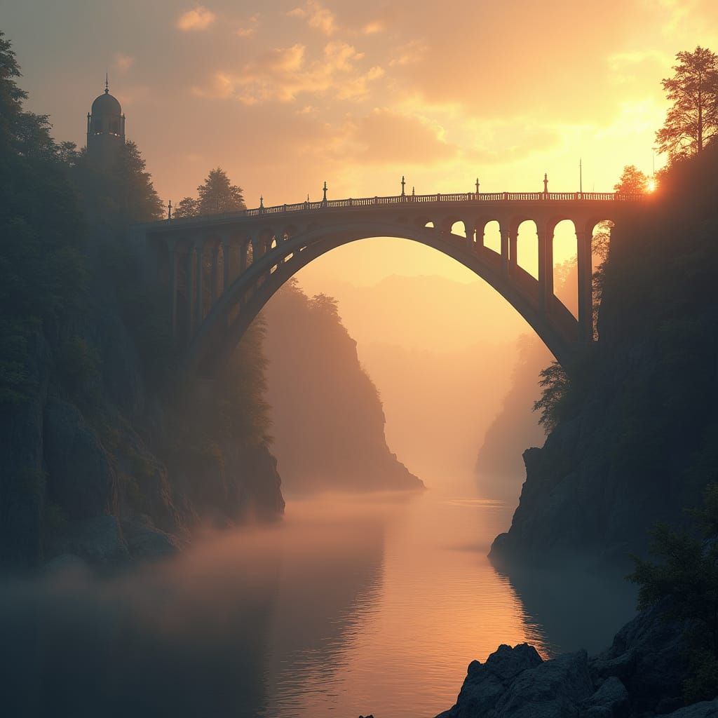 Surreal Sunrise Bridge Reveal in Ultra-Realistic Style