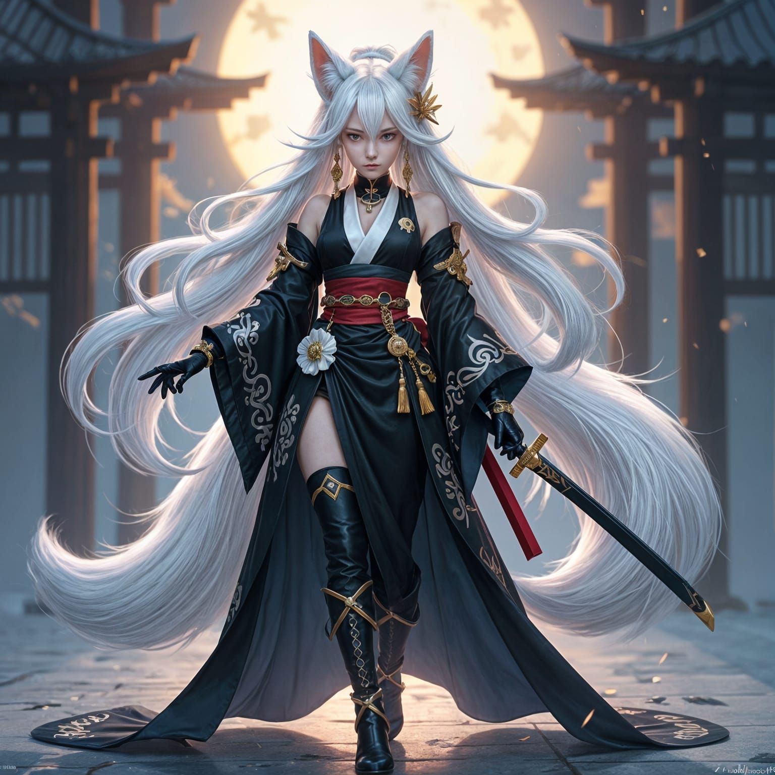 Anime Admiral with Kitsune Ears and Katana in Cyberpunk Fant...