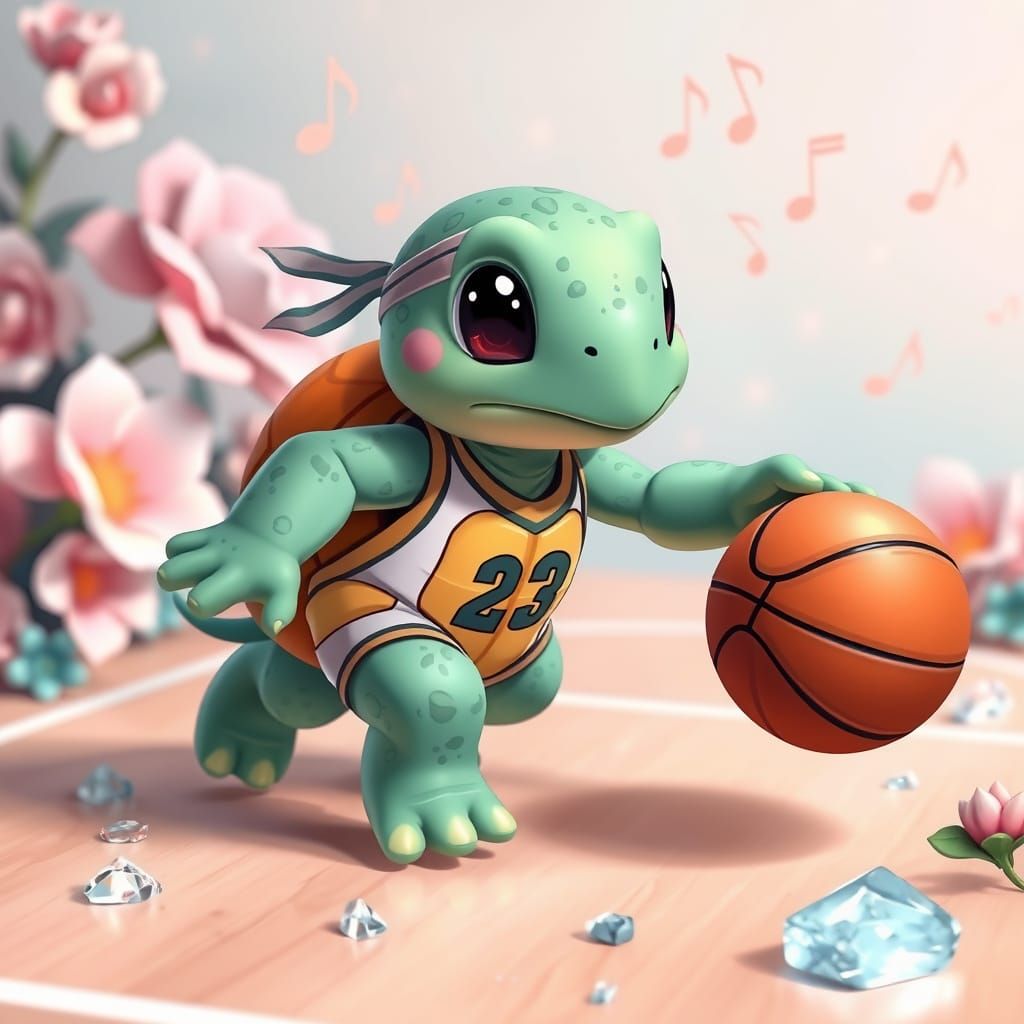 A hyper-realistic, cartoon turtle dribbling a basketball with incredible skill on a court