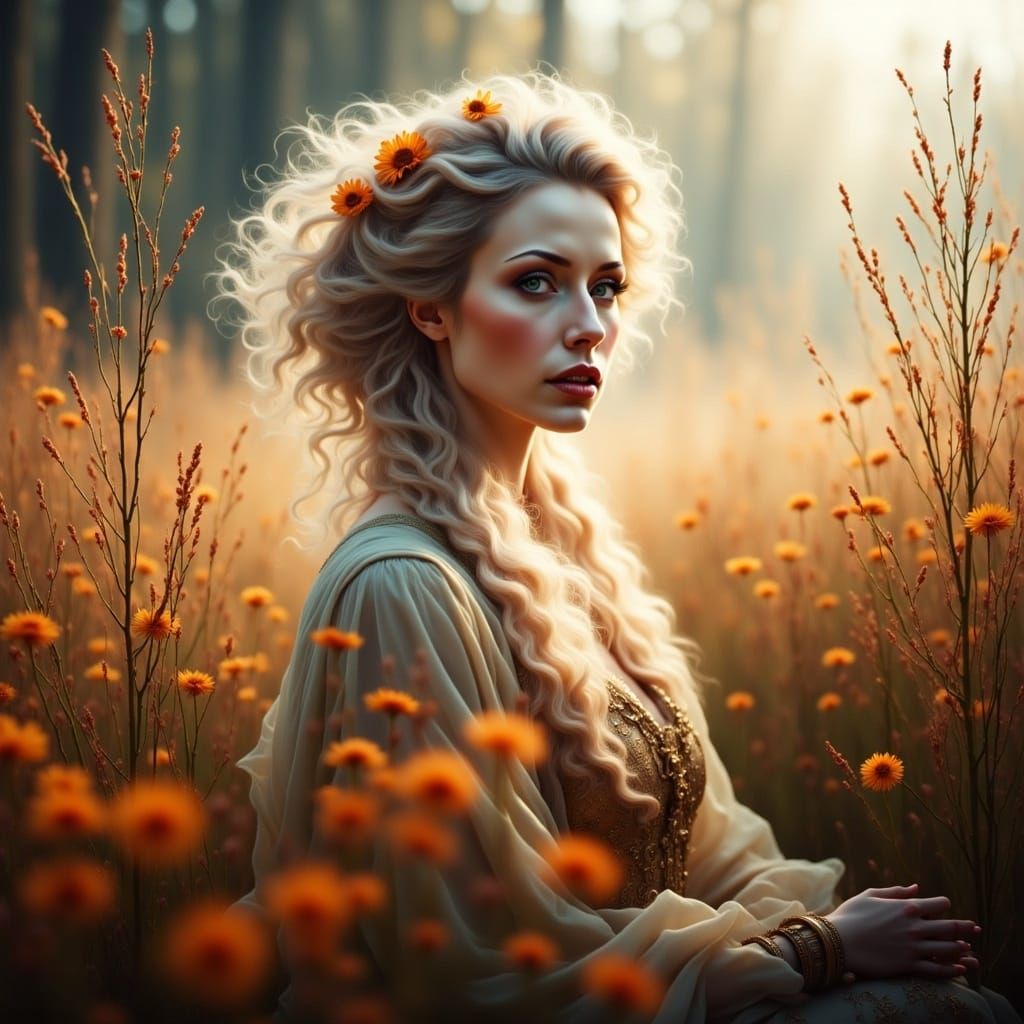 Dreamy Portrait in Misty Autumn Field