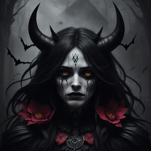 Crying Lillith Surrounded by Crimson Petals in Gothic Art