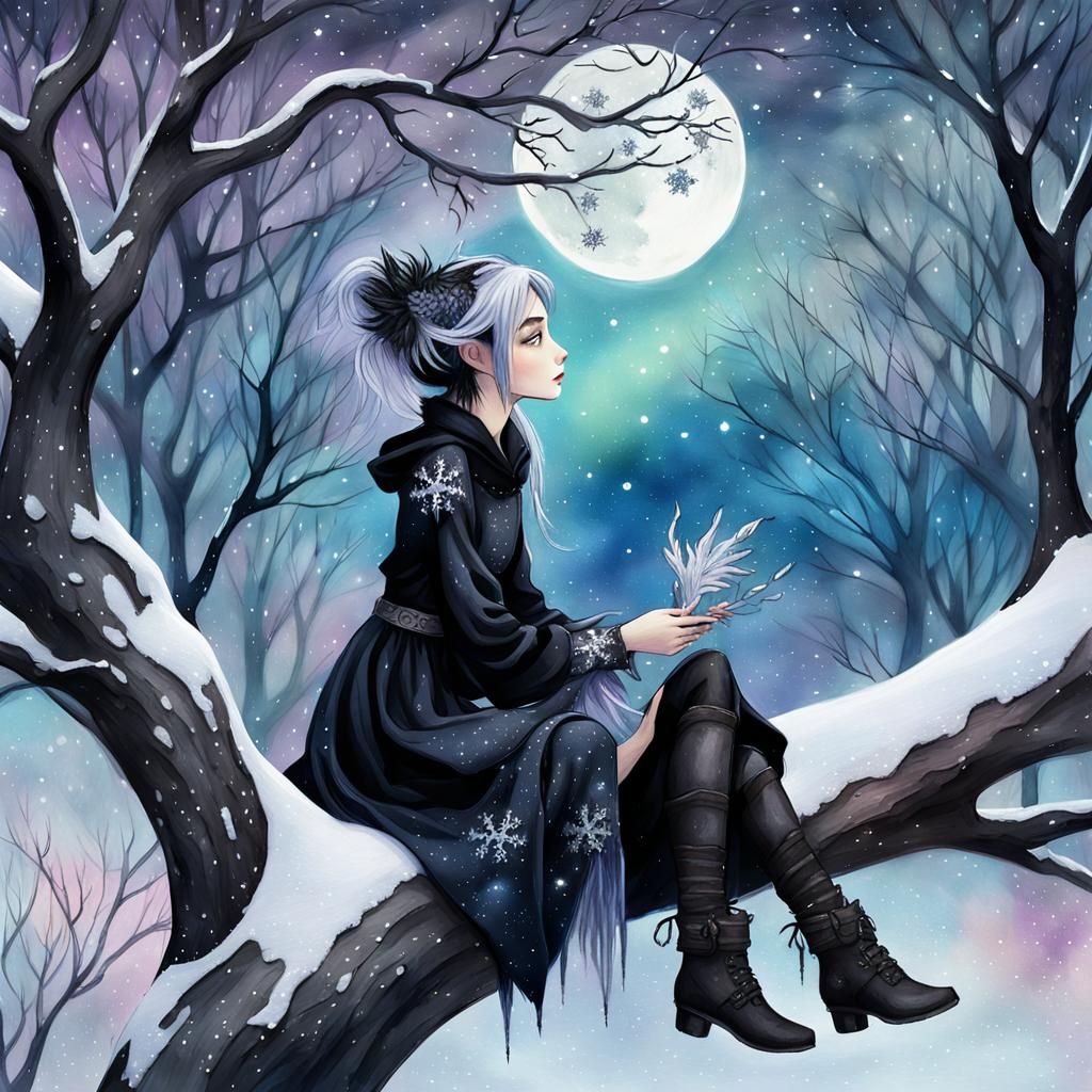 Gothic Girl and Dragon in Moonlit Winter Scene