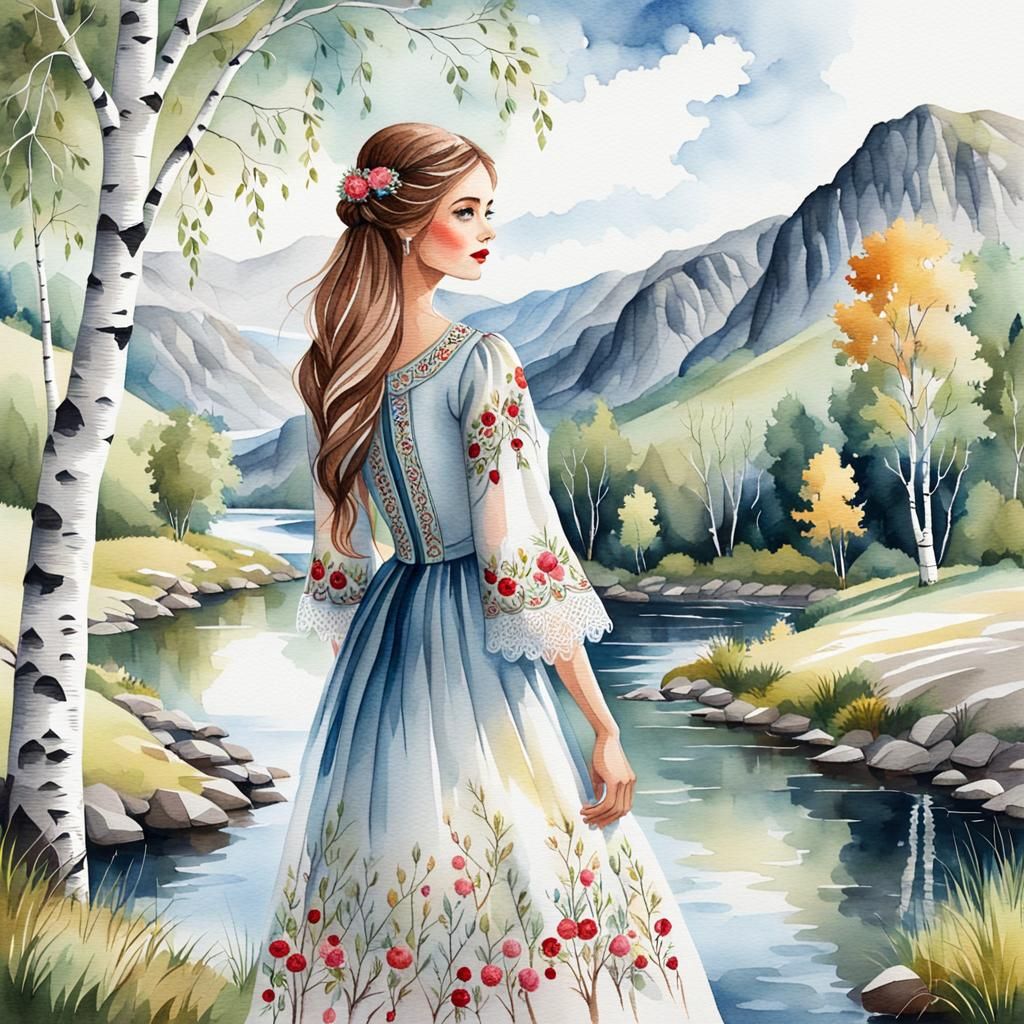 Watercolor Illustration of Girl in Embroidered Dress